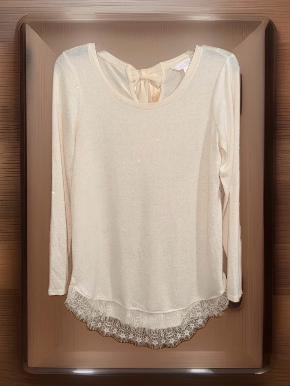 LC Lauren Conrad Cream Lace-Hem Long Sleeve Sweater w/Tie Back & Sparkle-XS-EC